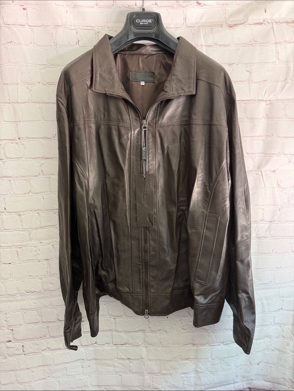 Italian Leather Brown Zip Bomber Jacket By CURGÉ Men’s Size EU 64 US 4XL